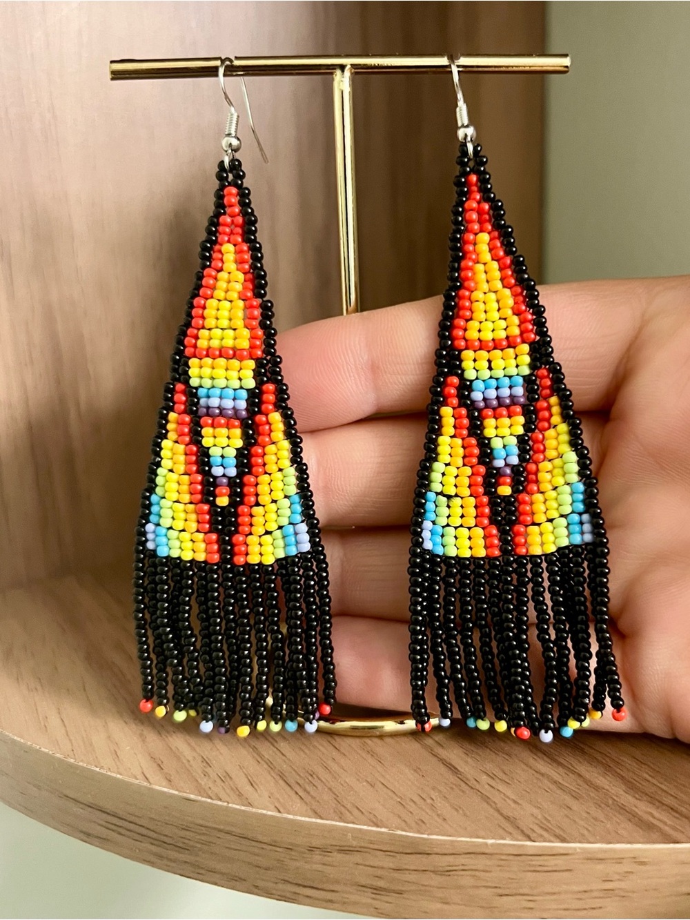 Colorful Rainbow Beaded Earrings with a Colorful Bottom Fringe